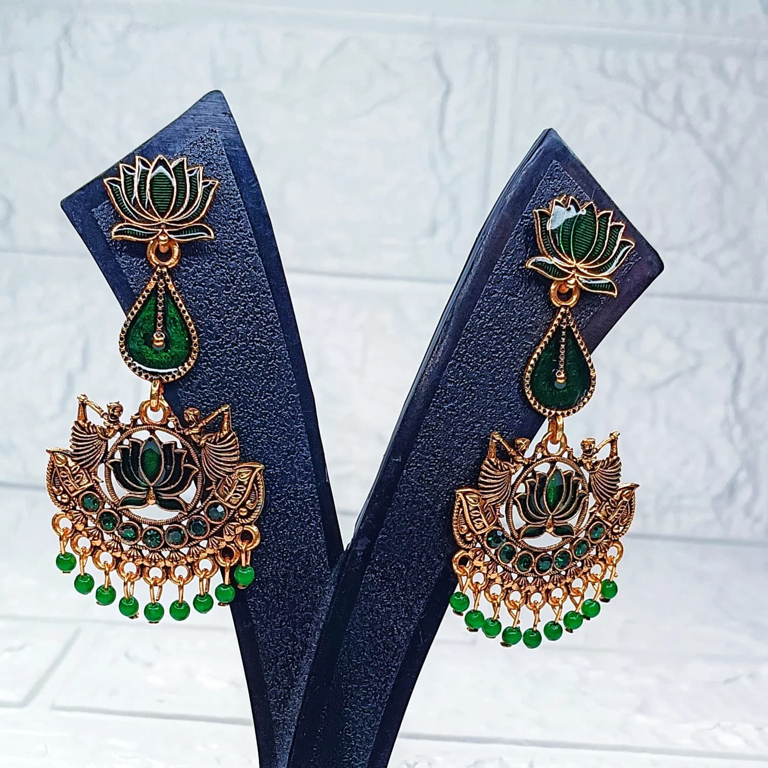 Statement Green Lotus Earrings with dancing girls - Image 2