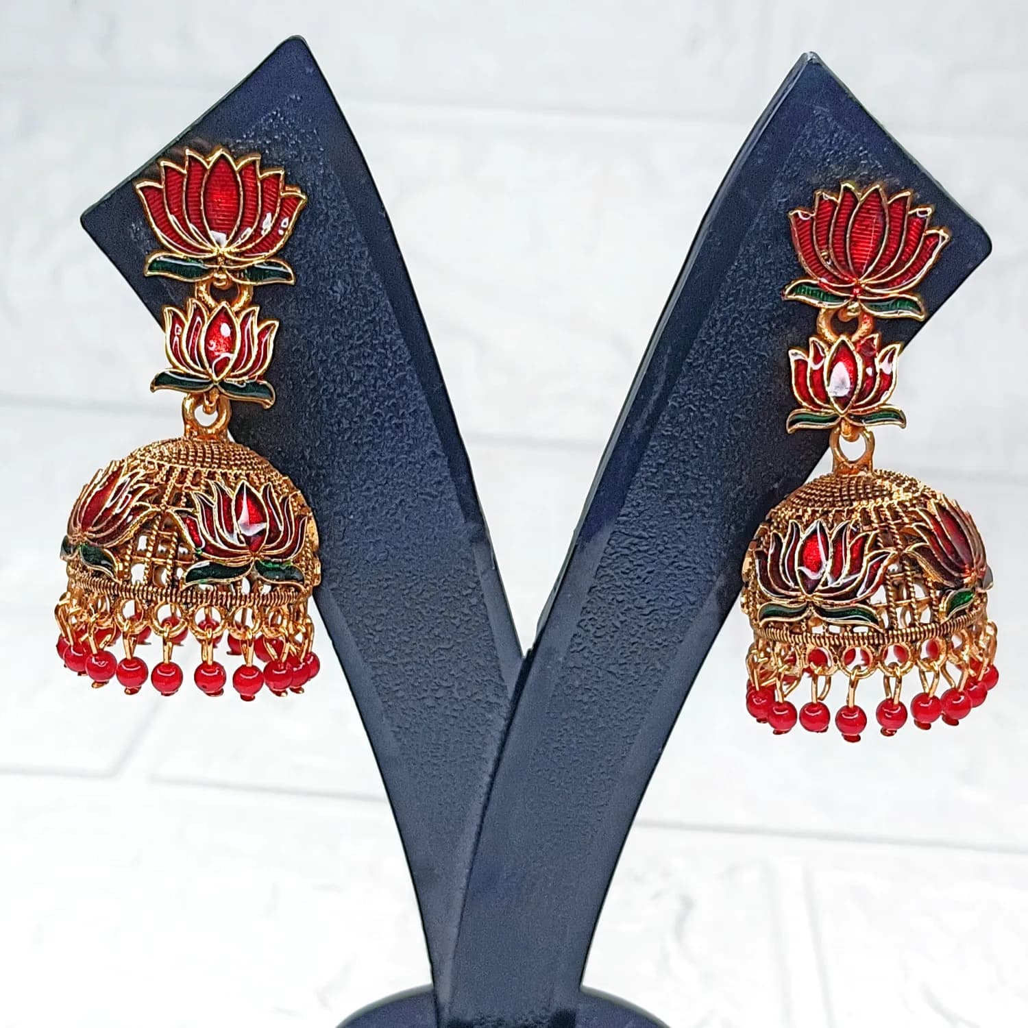 Double Lotus Motif with Engraved Jhumka - Image 2