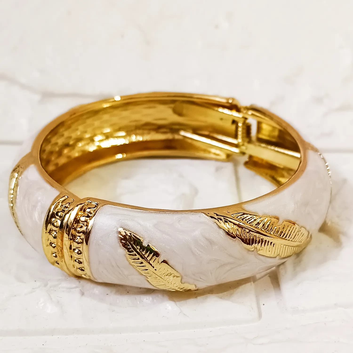 White Elegance Gold-Finish Enamel Kada