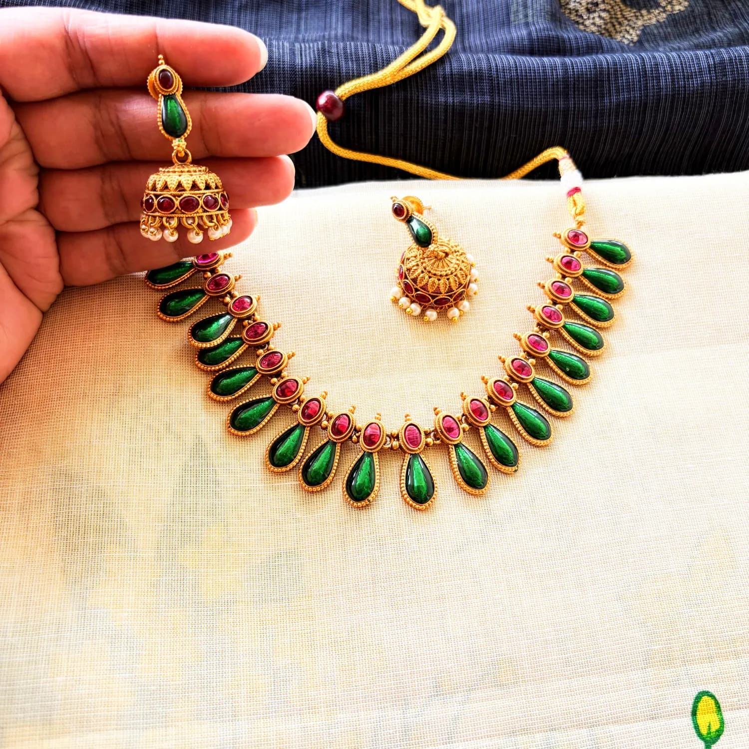 Emerald Drop Ruby Temple Necklace Set