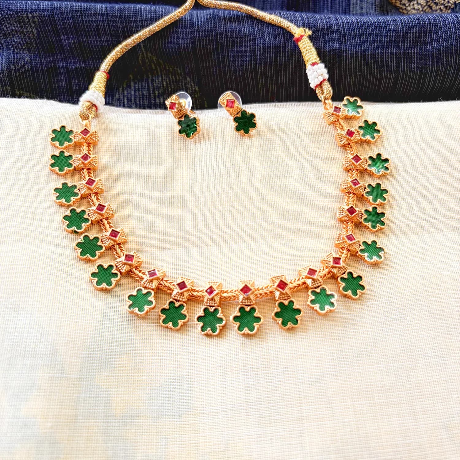 Emerald Clover Ruby Gold Necklace Set